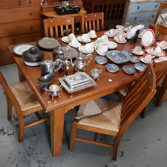 Saxony Collection solid pine dining table with matching seagrass upholstered chairs H760 W1800 D1050