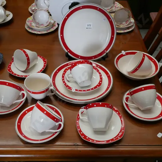 mid century Meakin red and white polka dot dinner items; cups, saucers, plates etc