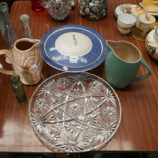 lidded vege, jugs, cake plate, vintage bottles