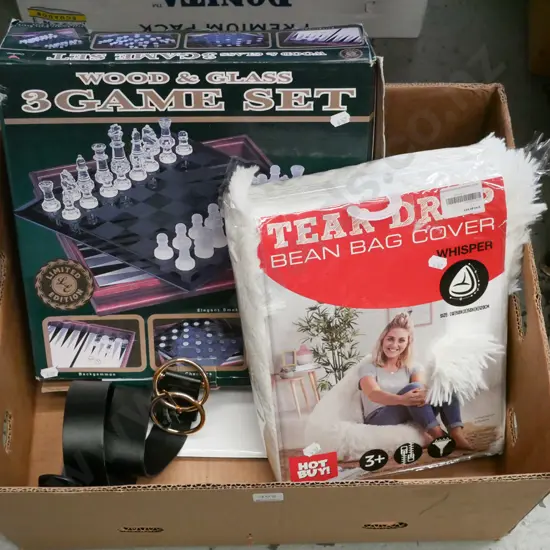 box; chess set, bean bag cover, belt
