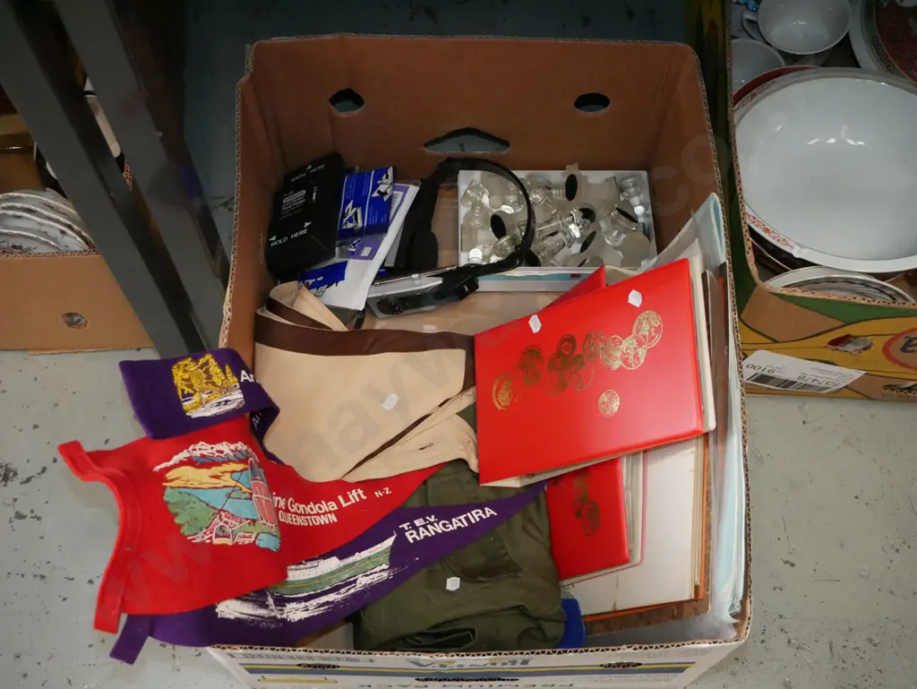 box; tourist pennants, photographs, stud finder, vintage builder's rules etc Image 1++