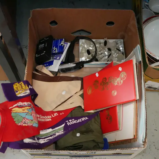 box; tourist pennants, photographs, stud finder, vintage builder's rules etc