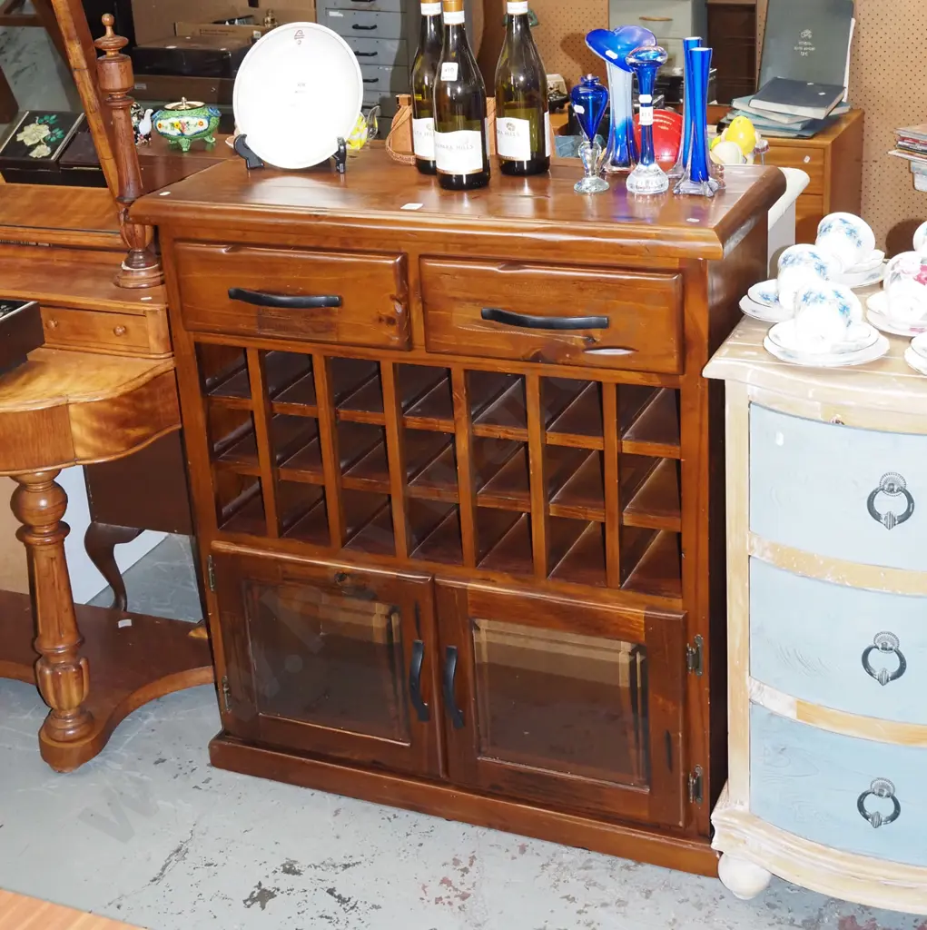 solid pine cabinet with 2 drawers, wine rack, 2 glazed display doors H1030 W925 D375 Image 1++