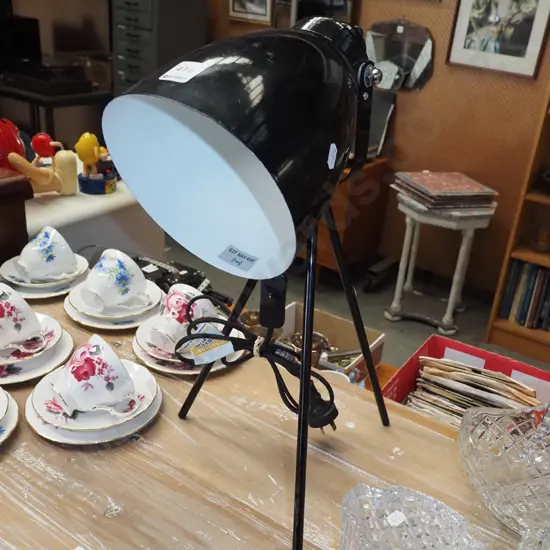 black metal table lamp on tripod base H460