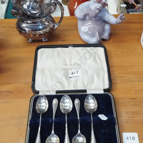 part sterling silver teaspoon set, lidded jug, Nao figurine H100