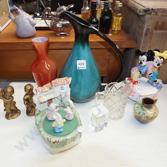 Blue Mountain ewer vase, Mickey and Minnie musical figurine, jug H270 etc