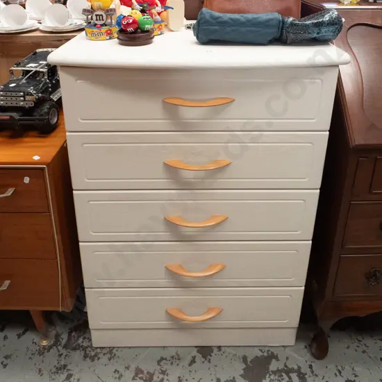 mdf faux wood veneer 5 drawer tallboy H930 W650 D400