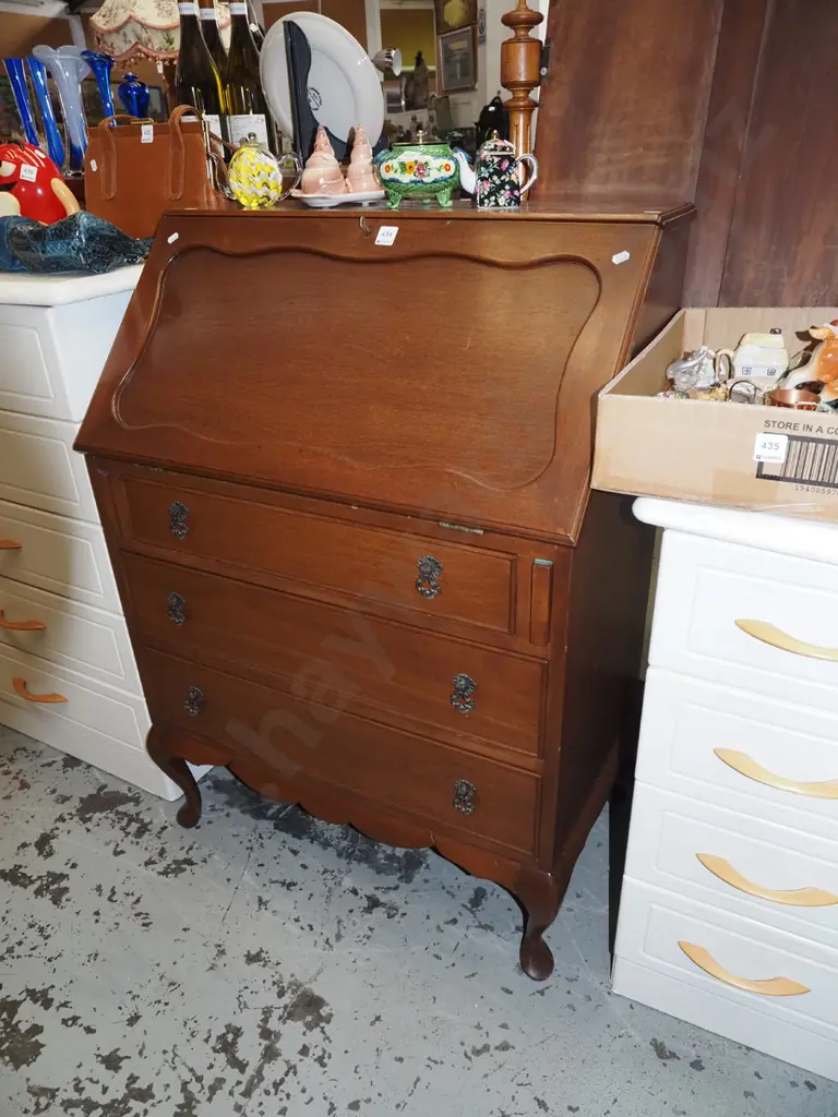 mahogany cab leg 3 drawer drop front desk H990 W710 D440 - key in office Image 1++