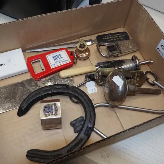 box; spring scales, horse shoe, letter openers etc