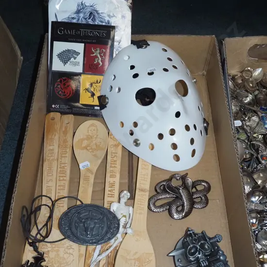 box; horror hockey mask, wooden kitchen utensils, belt buckles etc