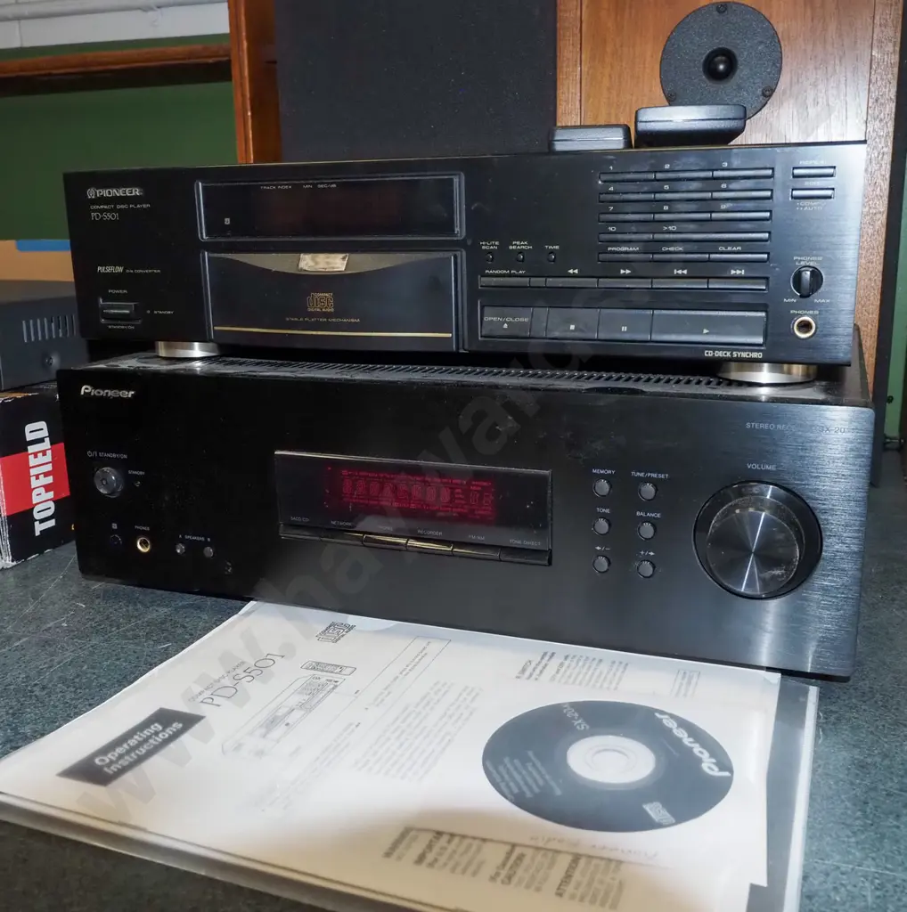 stereo equipment; Pioneer stereo receiver, CD player, pair of JPW wood cased bookcase speakers, box of accessories Image 1++