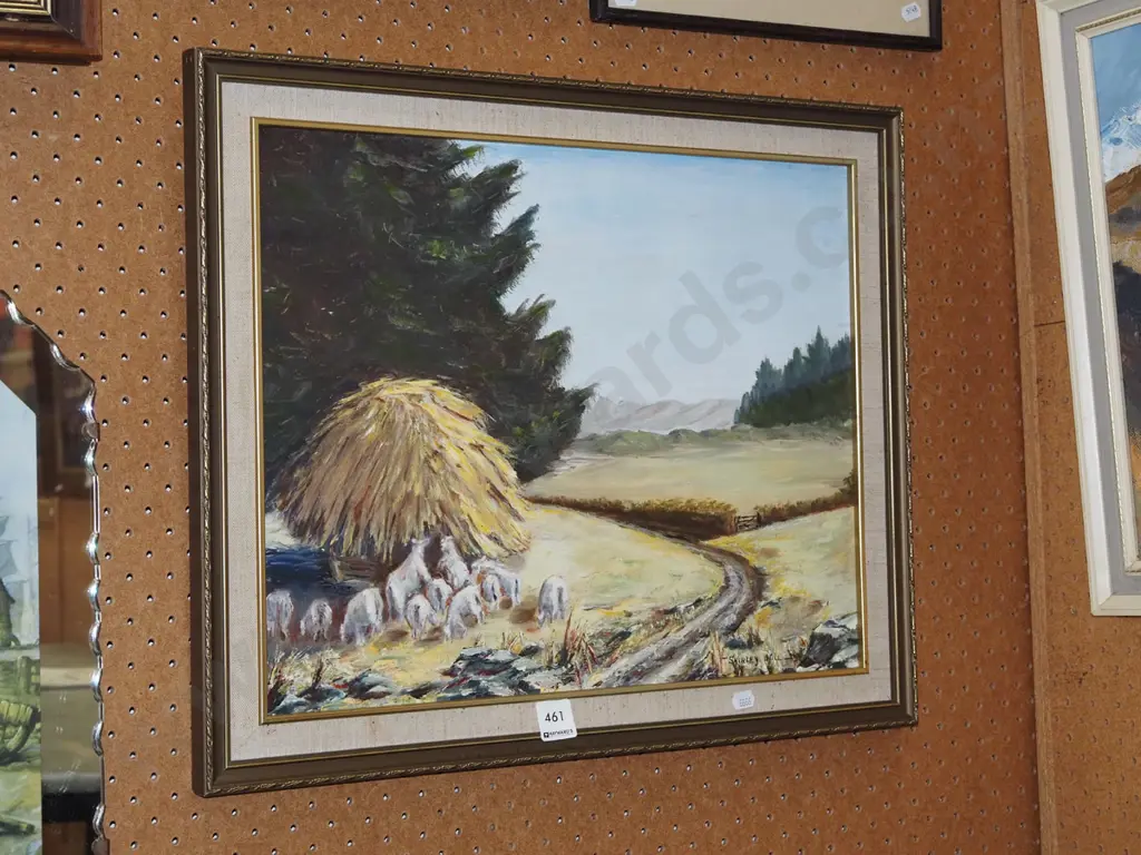 framed oil on board - sheep and haystick Image 1++