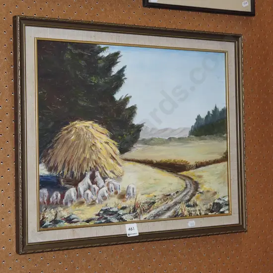 framed oil on board - sheep and haystick