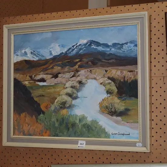 framed oil on board - river and mountain scene