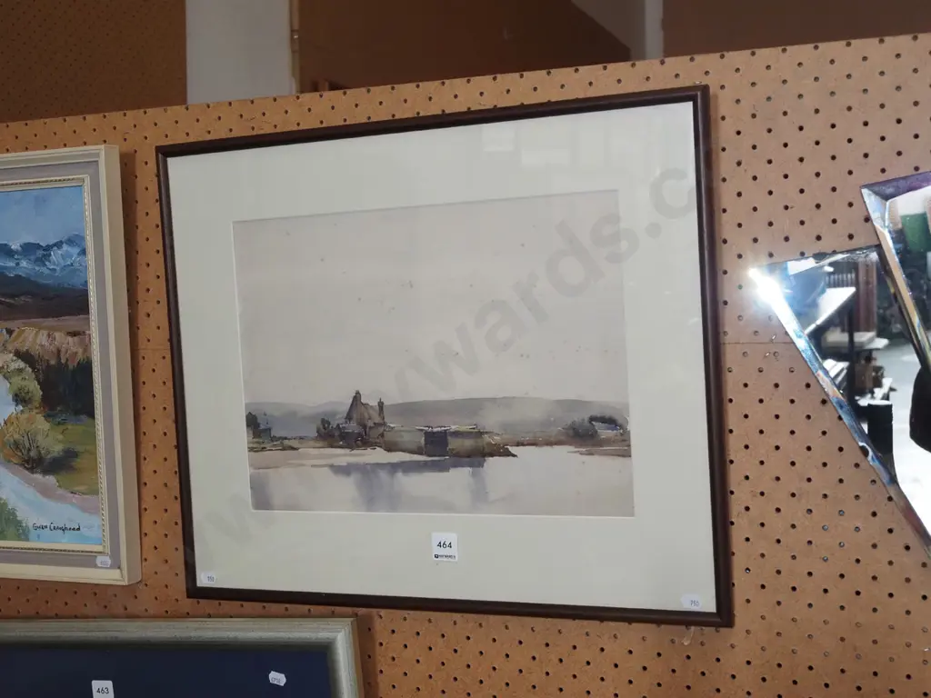 framed watercolour - house by estuary - significant foxing Image 1++