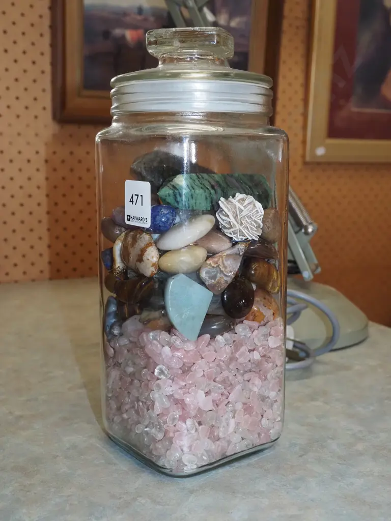 glass lidded container; polished and other stones Image 1++