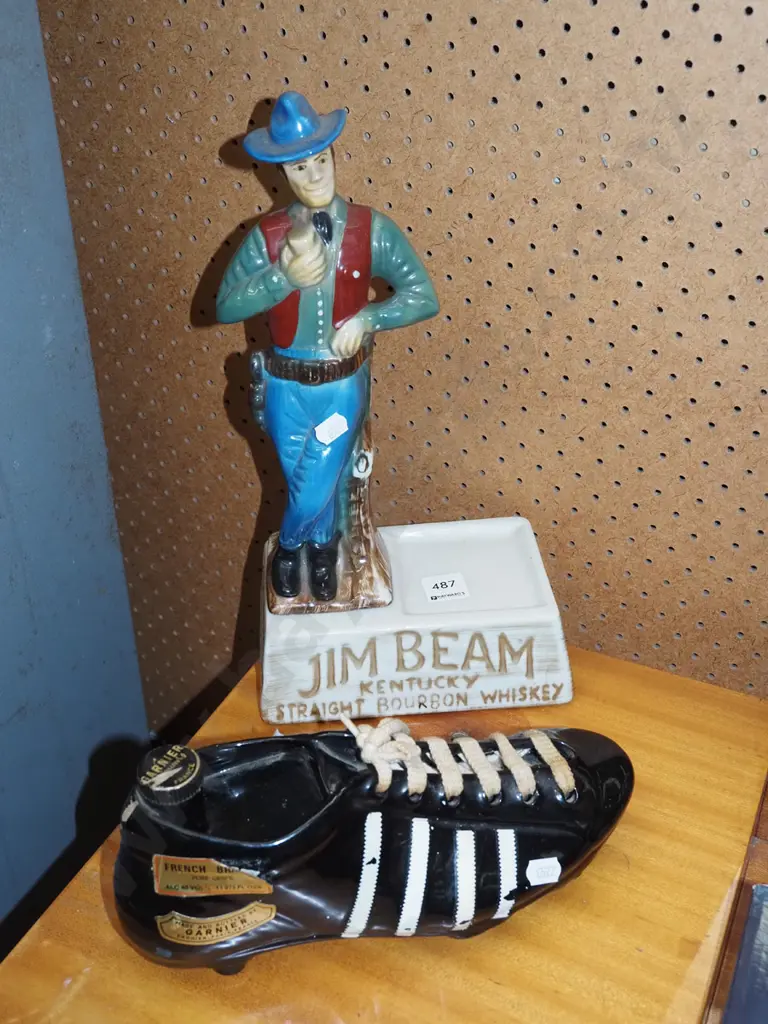 part Jim Beam cowboy decanter, French brandy rugby boot decanter - both empty Image 1++