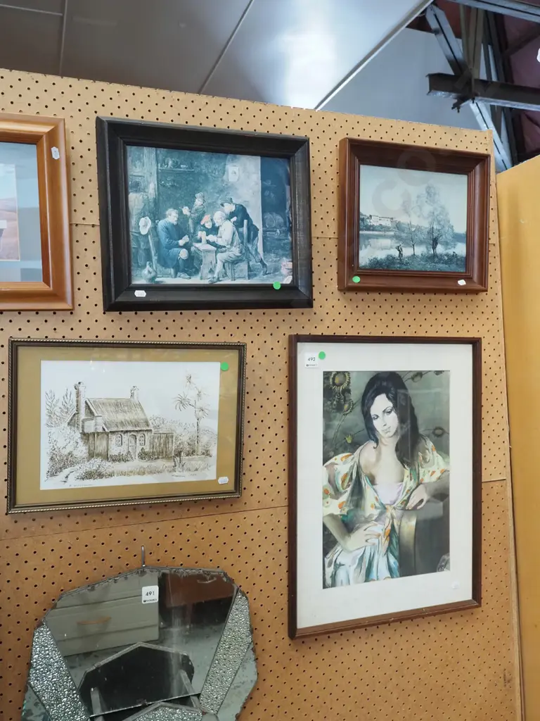 framed watercolour - cottage, framed prints - tavern, river, framed watercolour portrait - green dots Image 1++