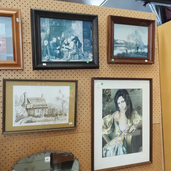 framed watercolour - cottage, framed prints - tavern, river, framed watercolour portrait - green dots