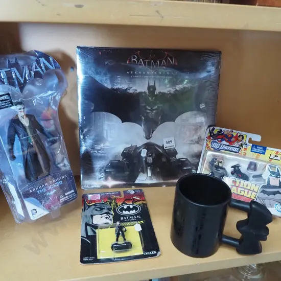 shelf; Batman items - figurines, cup, calendar etc
