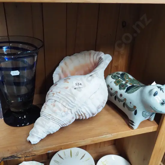 glass vase, Mexican pottery cat, large seashell L350