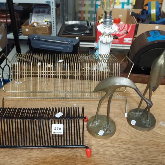 2x brass bird figurines, 2x mid century record racks H bIrd 310