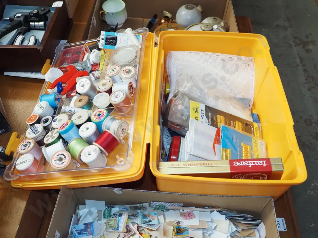 yellow plastic sewing box and contents; threads, scissors, needles etc Image 1++