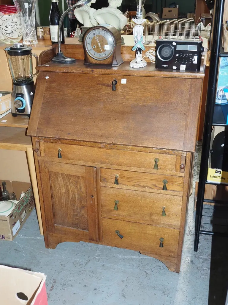 arts and craft 4 drawer 1 door oak drop front bookcase - marks and stains to varnish Image 1++