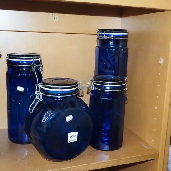 4x self sealing blue glass storage canisters