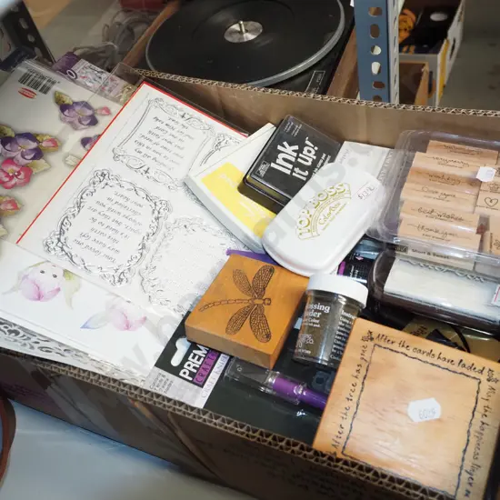 box; crafting cards, stamps, markers etc