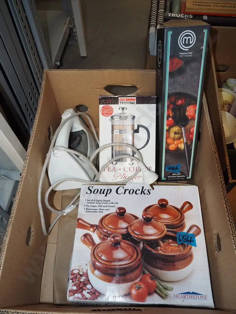 box; soup crocks, iron coffee plunger, kitchen utensils Image 1++