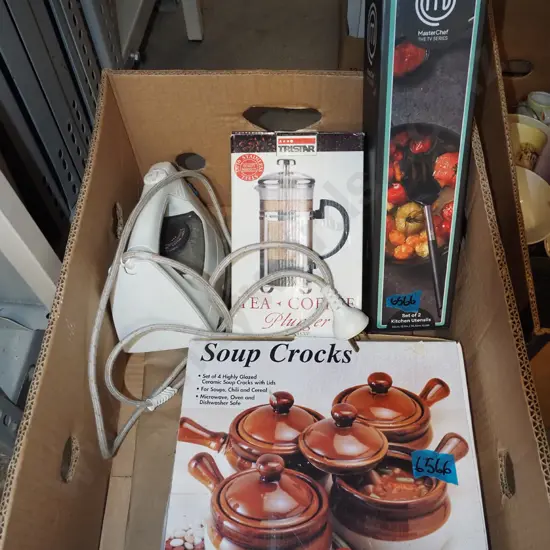 box; soup crocks, iron coffee plunger, kitchen utensils