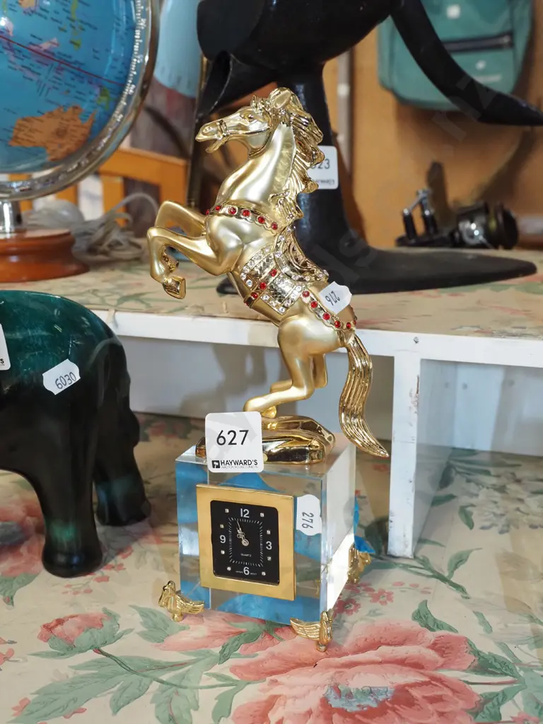 crystal mantle clock with rearing horse figurine on top - horse is loose Image 1++