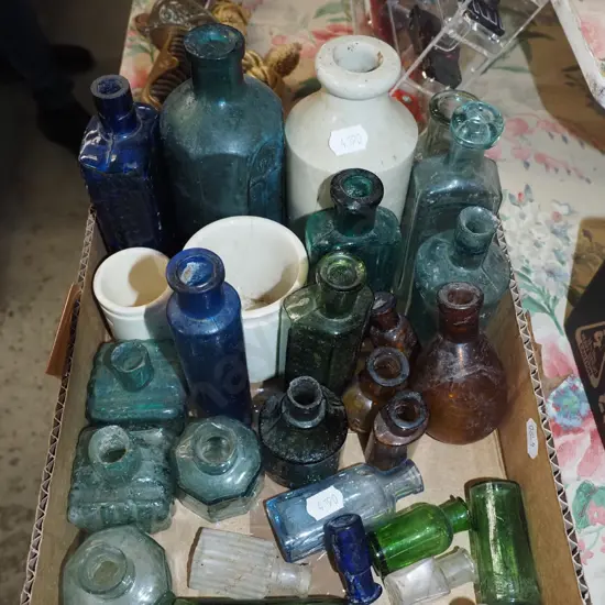 box; vintage ink bottles, glass bottles etc