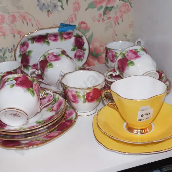 Royal Albert Old English Rose trios, dish with crack, Windsor trio