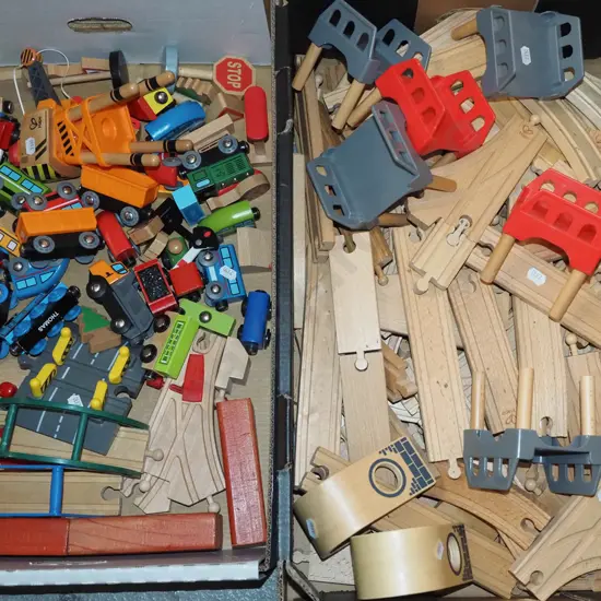 2x boxes of wooden toy railway items - Hape, Brio, Thomas the Tank Engine and others