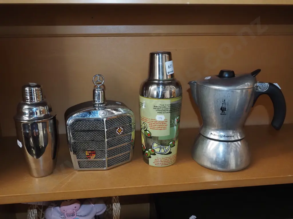 cocktail shakers, Merceds decanter, stove top espresso maker Image 1++