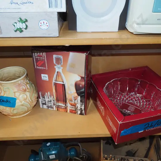 shelf; Wade vase - crack, crystal decanter set, bowl