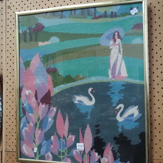 framed needlework - woman by pond