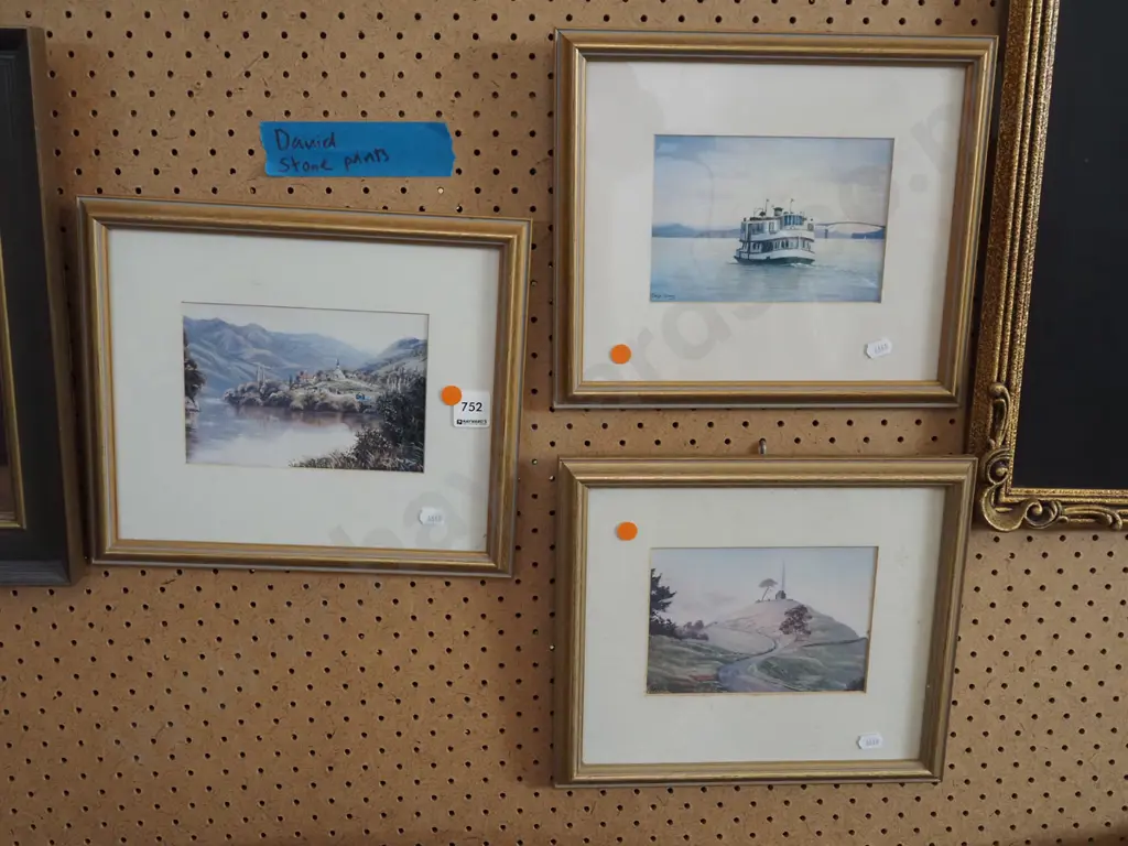 3x small David Stone prints - Jerusalem Wanganui River, Kestrel ferry Auckland, One Tree Hill Auckland orange dots Image 1++