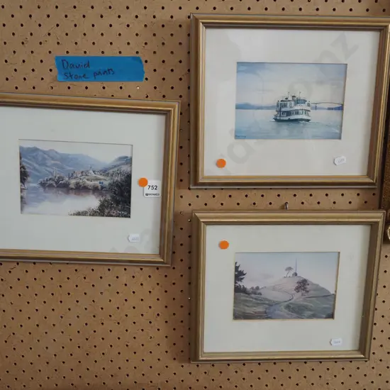 3x small David Stone prints - Jerusalem Wanganui River, Kestrel ferry Auckland, One Tree Hill Auckland orange dots
