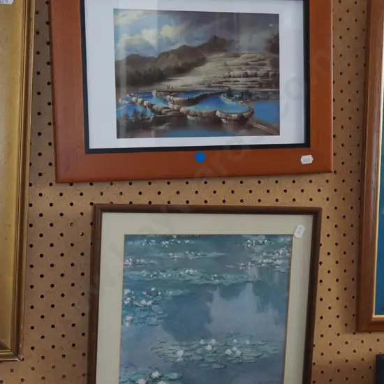 2x framed prints - Monet, pink and white terraces - blue dots