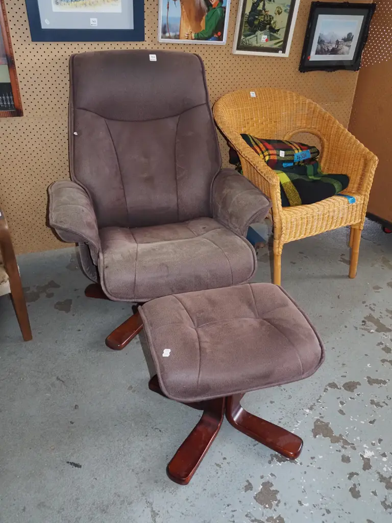 brown faux leather swivel reclining armchair with matching footstool Image 1++