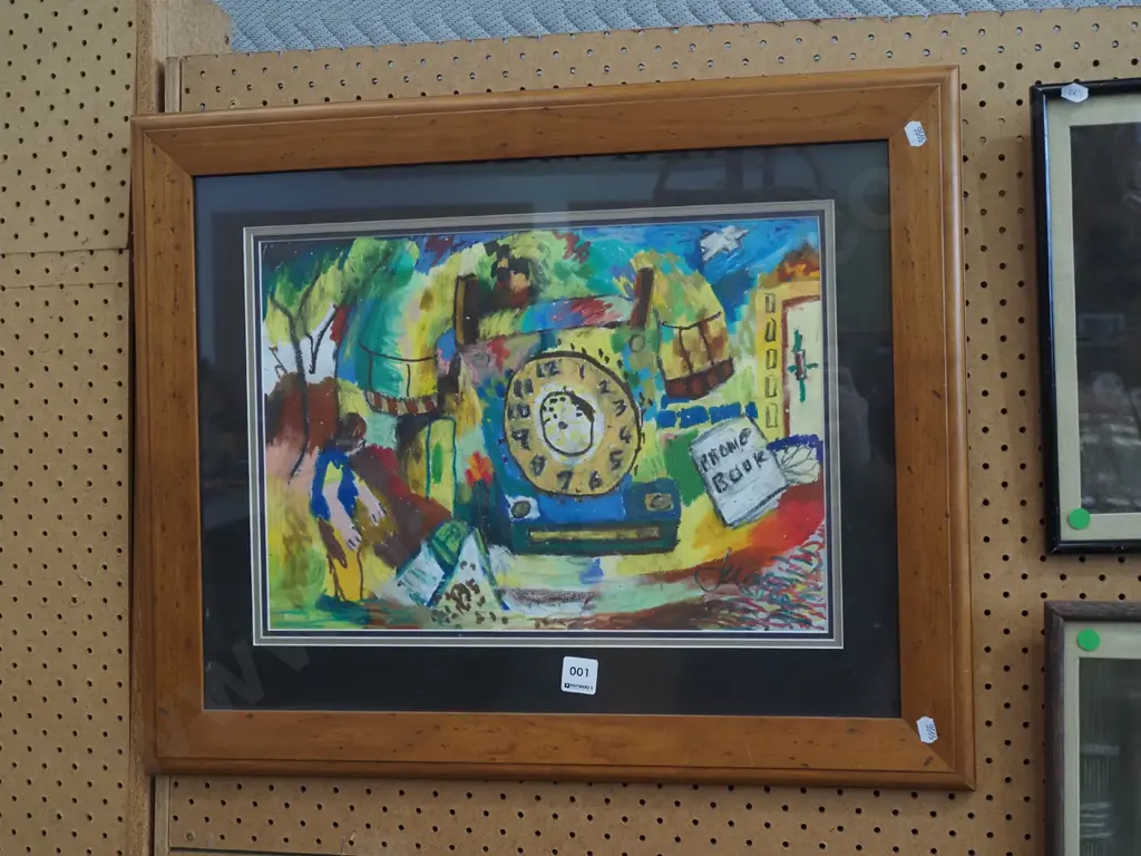 wood framed mixed media - dial telephone and city scape Image 1++