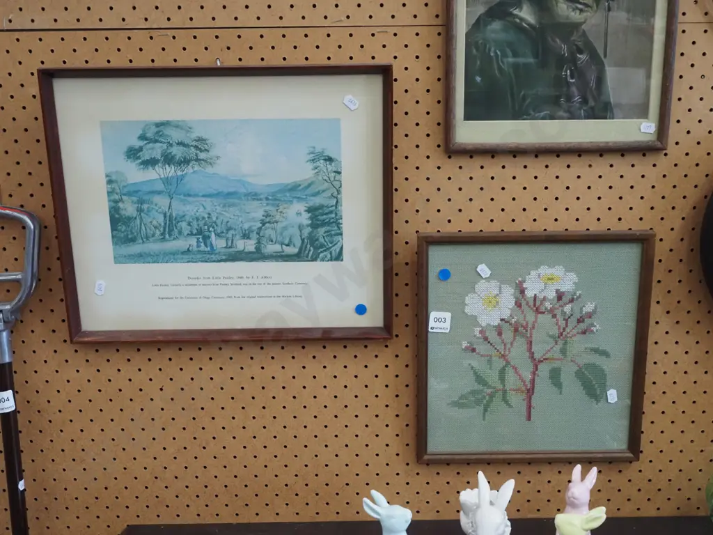 framed Dunedin historic print, framed needlework - blue dots Image 1++