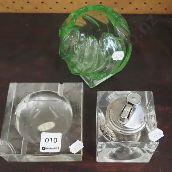 cut crystal ash tray, table lighter, green glass vase H100