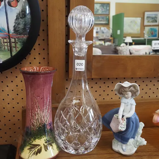 cut crystal decanter, hand painted vase, small Lladro figurine Decanter H350