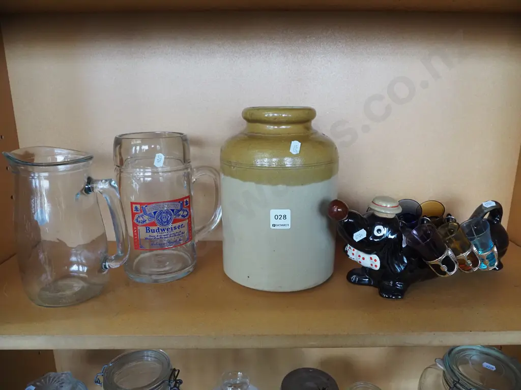 small salt glazed crock, glass jug, beer stein, novelty sausage dog decanter set Image 1++
