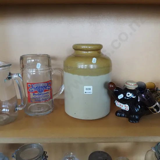 small salt glazed crock, glass jug, beer stein, novelty sausage dog decanter set