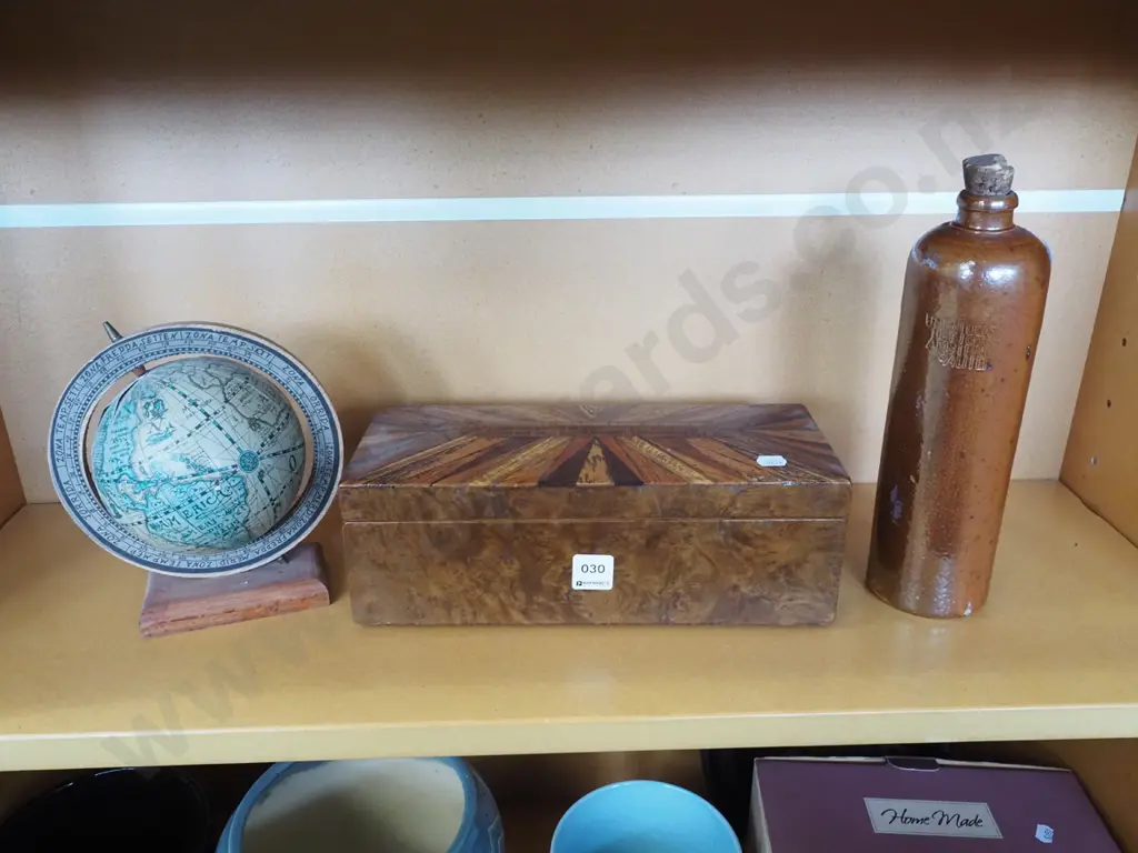 small world globe, wood inlay storage box, vintage gin bottle H280 Image 1++